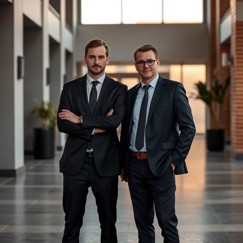 Portret dwóch partnerów kancelarii w minimalistycznym holu biurowym